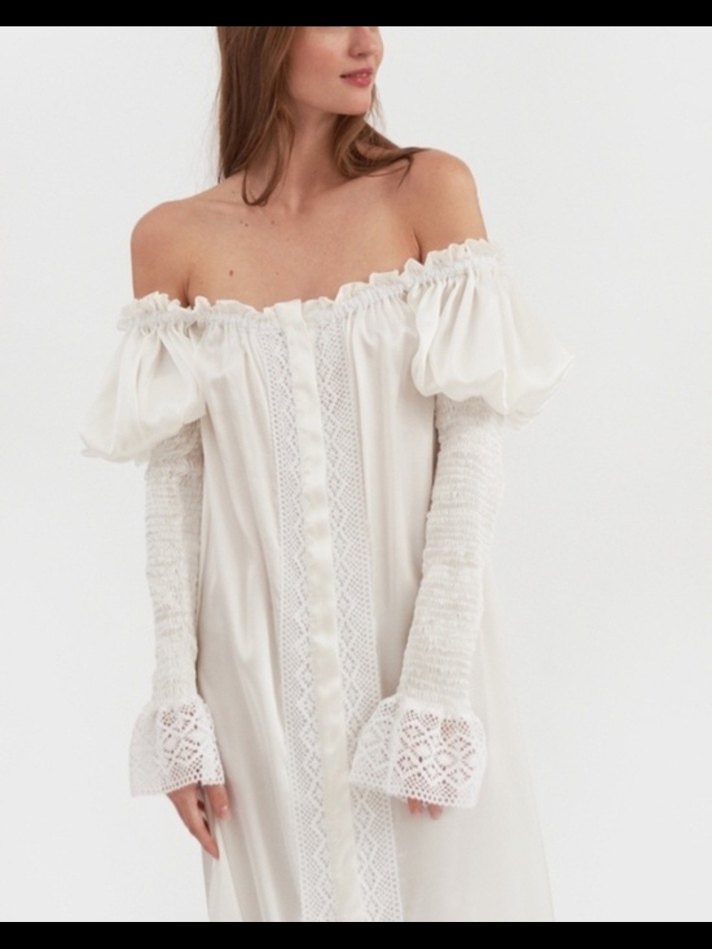 Sleeper White Off-Shoulder Midi Dress with Puff Sleeves - Picture 2 of 5